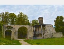 Historische Ruinen einer Kalkbrennerei mit steinernen Rundbögen, einem hohen Schornstein und stützenden Holzkonstruktionen, umgeben von grüner Vegetation und Bäumen unter einem bewölkten Himmel.