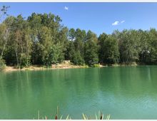 Ein kleiner See mit grünem, klarem Wasser, umgeben von dichter Baumvegetation. Am Ufer sind ein sandiger Bereich und ein kleines Holzgebäude erkennbar, blauer Himmel im Hintergrund.