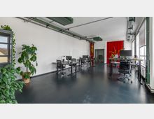 Moderner Büroraum mit dunklem Boden, weißen Wänden und großen Fenstern auf der rechten Seite, die viel Tageslicht hereinlassen. Mehrere Schreibtische mit Bürostühlen, Computern und Pflanzen sind aufgestellt; im Hintergrund hängt ein roter Vorhang und es gibt eine Glastür.