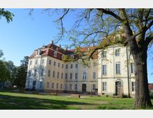 Barockes Schloss mit hellgelber Fassade und roten Mansarddächern, umgeben von einer Grünfläche und großen Bäumen. Das Gebäude hat hohe Fenster und dekorative Architekturdetails wie Gesimse und ein Hauptportal.