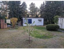 Blick in einen Garten mit Rasenfläche und einem kleinen blühenden Baum im Vordergrund; ein Gartenschlauch liegt auf dem Boden. Im Hintergrund steht ein flaches, weißes Nebengebäude mit Fenstern, umgeben von hohen Nadelbäumen und Sträuchern.