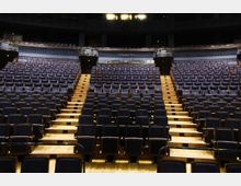 Innenansicht eines modernen Theatersaals mit ansteigenden, in Reihen angeordneten Sitzplätzen mit dunkelblauen Polstern und Holzböden. Zentral führen Treppen mit Handläufen zum oberen Bereich, der von einer Galerie mit weiteren Sitzplätzen umgeben ist.