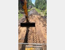 Eine Waldstraße mit aufgewühltem, schlammigem Boden, die von einem Bagger bearbeitet wird. Im Hintergrund sind gestapelte Holzstämme sowie dichter Baumbewuchs auf beiden Seiten der Straße zu sehen.
