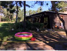 Ein Garten mit Bäumen und einer grünen Rasenfläche, davor ein aufblasbares, buntes Kinderplanschbecken. Im Hintergrund steht ein dunkles Holzhaus mit großen Fenstern, einer Terrasse und Lichterketten unter einer Markise.
