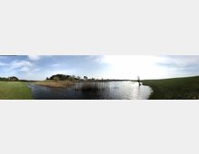 Panoramabild einer Landschaft mit einer von Bäumen und Schilf umgebenen Wasserfläche, flankiert von Wiesen. Am rechten Ufer steht ein einzelner kahler Baum, und im Hintergrund ist ein Wald zu sehen.