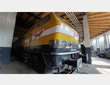 Gelbe Diesellokomotive mit roten und weißen Streifen steht in einer Halle mit gewölbtem Holzdecken und hohen Fenstern. Die Lokomotive trägt die Nummer 320 001-1 und befindet sich in einem historischen oder musealen Umfeld.