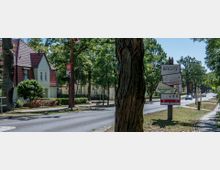 Straßenansicht einer baumgesäumten Allee mit einem Wegweiser zur "Spargelstadt Beelitz" und einem Schild zur Spargelsaison. Im Hintergrund sind Wohnhäuser mit roten Dächern und hellen Fassaden zu sehen, daneben eine Straße mit vorbeifahrenden Autos.