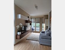 Modernes Wohnzimmer mit Holzboden, grauem Sofa und großem hellen Teppich. Eine wandmontierte TV-Konsole aus Holz mit weißen Regalelementen steht links, gegenüber drei großen Fenstern mit Jalousien und Blick auf einen Balkon.