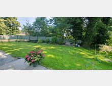 Grüne Gartenlandschaft mit einer gepflegten Rasenfläche, umgeben von einer Hecke und hohen Bäumen im Hintergrund. Im Vordergrund steht ein Blumentopf mit pink blühenden Hortensien, daneben eine gepflasterte Terrasse.