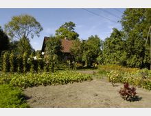 Ein ländlicher Garten mit Gemüsebeeten und blühenden Pflanzen vor einem traditionellen Fachwerkhaus mit rotem Ziegeldach, umgeben von Bäumen im Hintergrund. Der Himmel ist klar und blau.
