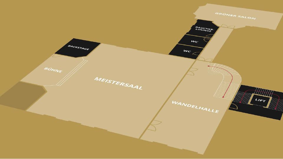 Grafischer Grundriss eines Veranstaltungsortes mit beschrifteten Bereichen wie „Meistersaal“, „Wandelhalle“, „Bühne“ und „Backstage“ sowie einem Zugang zum „Grünen Salon“ mit „Raucherlounge“ und WC. Rechts sind eine Treppe und ein separater Liftbereich dargestellt.