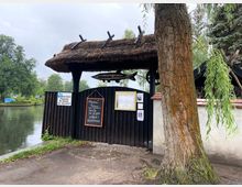 Eingang zu einer Fischerhütte mit Reetdach am Wasser, umgeben von Bäumen. An einem schwarzen Holztor befinden sich Tafeln mit Informationen und Öffnungszeiten, daneben hängt ein Schild mit dem Namen "Müggelsee-Fischerei".
