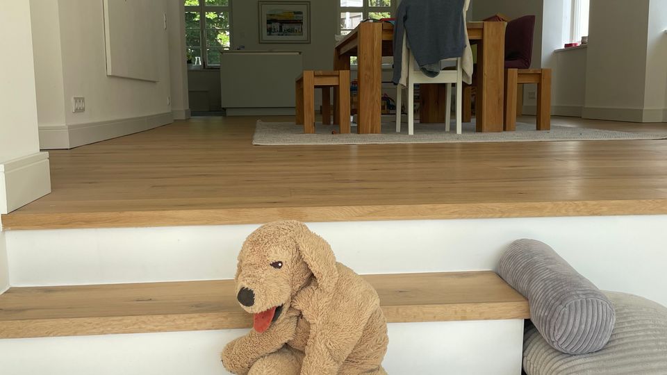 Offener, heller Wohn- und Essbereich mit Holzfußboden, großen Fenstern und einem Esstisch aus Holz unter modernen Deckenleuchten. Im Vordergrund führen breite Holzstufen mit weißen Setzstufen in den Raum; neben den Stufen liegt ein graues Sitzkissen.