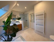 Modernes Badezimmer mit einer offenen Dusche, zwei weißen Waschbecken auf einem Holzunterschrank und einem Handtuchheizkörper. Der Raum ist hell gestaltet mit hellgrauen Fliesen, schräger Decke und einem großen Pflanzenarrangement.