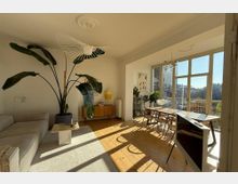 Bright open-plan living and dining room with light wood floors, a sofa seating area, large potted plant, and minimalist pendant lights. Floor-to-ceiling windows and a balcony door fill the space with sunlight, with a dining table and chairs set near the glass.