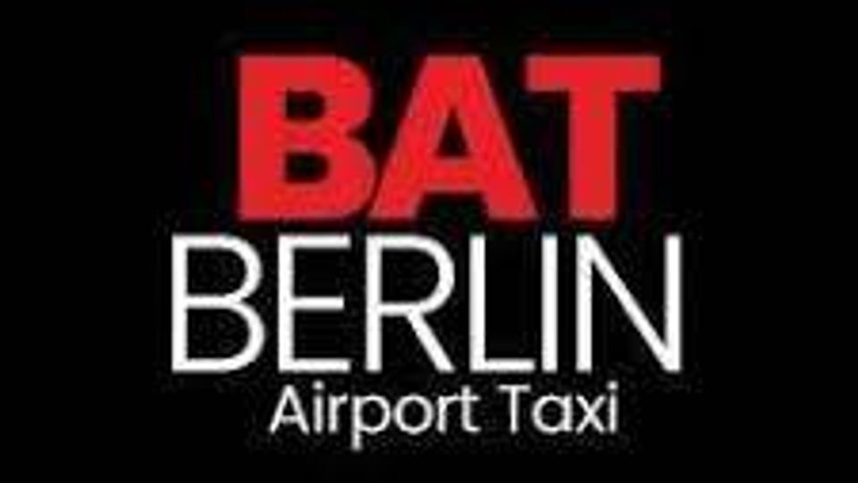 A black background with the text "BAT" in bold red letters above "BERLIN Airport Taxi" in white lettering, indicating a transportation service.