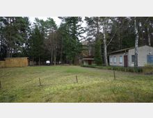 Weitläufige Grünfläche mit niedrigen Gebäuden am rechten Bildrand, einem Schuppen aus Holz links und einem Wald aus hohen Bäumen im Hintergrund. Die Szene befindet sich in einer ländlichen Umgebung mit vereinzelten Fahrzeugen und Bäumen.