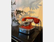 Ein rotes, nostalgisches Wählscheibentelefon aus Metall und Kunststoff steht auf einer glänzenden dunklen Oberfläche, im Hintergrund sind unscharfe Pflanzen und deren Schatten auf einer beige beleuchteten Wand zu sehen.