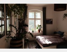 Gemütliches Schlafzimmer mit Doppelbett und gemusterten Textilien, einem großen Sprossenfenster mit dunklen Vorhängen und Sonnenlicht auf dem Bett. Viele Zimmerpflanzen, gerahmte Bilder an der Wand und ein Teppich prägen den Raum.