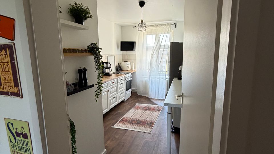 Blick durch eine Tür in eine schmale, helle Küche mit weißen Schränken, offenen Wandregalen, dunklem Holzfußboden und einem Teppichläufer. Am Ende des Raums befindet sich ein Fenster mit transparenten Vorhängen, darüber eine hängende Deckenleuchte.