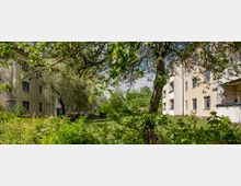Wohnsiedlung mit mehreren beige verputzten Mehrfamilienhäusern, umgeben von dichter Vegetation, blühenden Bäumen und einem gepflegten Grünbereich. Im Vordergrund ist ein Baum mit frischem Laub zu sehen, der den Blick auf die Gebäude zum Teil verdeckt.
