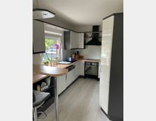 Moderne, L-förmige Küche mit hellgrauen und dunklen Schränken, Holz-Arbeitsplatten, einer schwarzen Dunstabzugshaube, eingebauten Elektrogeräten und hellem Laminatboden. Ein großes Fenster sorgt für viel Tageslicht, daneben stehen Blumen auf der Fensterbank.