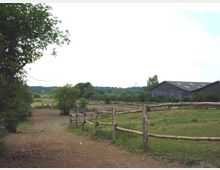 Ein ländlicher Hof mit einer unbefestigten Straße, die von einer Holzzäune gesäumt wird. Im Hintergrund sind Wiesen, Bäume und ein großes landwirtschaftliches Gebäude mit grauem Dach zu sehen.