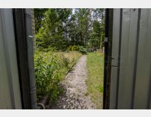 Blick durch eine geöffnete Metalltür auf einen schmalen Sandweg, der durch einen verwilderten Garten mit hohem Gras und Sträuchern führt. Im Hintergrund stehen dichte Bäume, daneben sind ein Zaun und eine kleine Hütte am Rand zu erkennen.