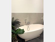 Freistehende weiße Badewanne in einem modernen Badezimmer mit grauen Wand- und Bodenfliesen sowie Wandarmatur mit Handbrause. Links stehen mehrere große Zimmerpflanzen neben der Wanne.