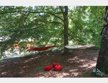 Eine Waldszene mit zwei Hängematten, eine rot-gestreifte und eine beige, die zwischen Bäumen aufgehängt sind. Auf dem mit Laub bedeckten Boden liegen vier rote, geflochtene Sitzkissen.