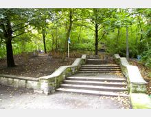 Steinfreitreppe in einem Park, umgeben von dichten, grünen Bäumen und sichtlich herbstlichem Laub auf dem Boden. Im Hintergrund sind Holzgeländer und kleine Wege erkennbar.