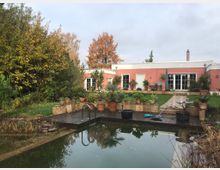 Flacher, moderner Bungalow mit rosa Fassade und großen Glasfenstern, umgeben von einem Garten mit Topfpflanzen, Rasenfläche und einem natürlichen Teich mit hölzerner Plattform. Im Hintergrund stehen Bäume mit herbstlichem Laub.