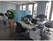 Ein modernes Büro mit mehreren weißen Schreibtischen, Computermonitoren und schwarzen Bürostühlen. Im Vordergrund steht eine große Topfpflanze, und im Hintergrund sind große Fenster sowie eine blaue Trennwand sichtbar.