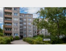 Mehrstöckiges Wohngebäude mit grauer Fassade und Balkonen, umgeben von grünem Bewuchs und einem Gehweg im Vordergrund. Ein Schild mit der Aufschrift "Rathausstrasse 35-31" steht vor dem Gebäude, daneben ein großer Baum.