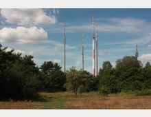 Graslandschaft mit einigen Bäumen und Sträuchern im Vordergrund, dahinter mehrere hohe Sendemasten, darunter ein rot-weiß gestreifter Mast. Der Himmel ist blau mit vereinzelten Wolken.