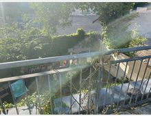 Blick von einem Balkon auf einen kleinen Garten mit Spielgeräten, umgeben von Bäumen und Sträuchern. Im Hintergrund ist eine Baustelle mit sandigem Boden und Graffiti an einer Mauer zu sehen.