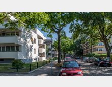 Eine Wohnstraße mit modernen Mehrfamilienhäusern, begleitet von breiten Gehwegen und großen Bäumen, die Schatten spenden. Am Straßenrand sind mehrere parkende Autos zu sehen, und ein Schild mit der Aufschrift „Erlenstraße“ steht im Vordergrund.