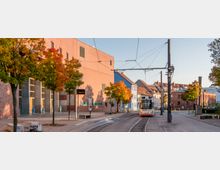 Straßenbahnhaltestelle in einer städtischen Umgebung mit Bäumen in Herbstfarben, einem modernen Gebäude aus Backstein auf der linken Seite und mehrfarbigen Wohnhäusern im Hintergrund. Eine Straßenbahn ist auf den Schienen zu sehen, während Oberleitungen und eine digitale Anzeige die Infrastruktur ergänzen.